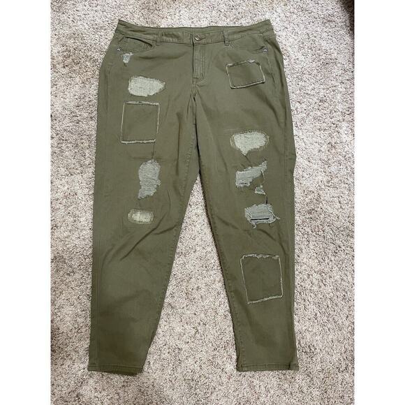 Plus 18 Casual Distressed Ripped Patched Relaxed Army Green Tapered Leg Jeans - Picture 1 of 12